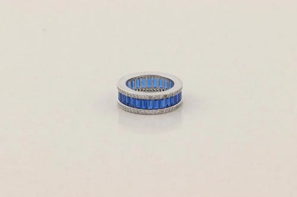 Sterling Silver Sparkly Lab Created Blue Sapphire and CZ Band Ring Size 6